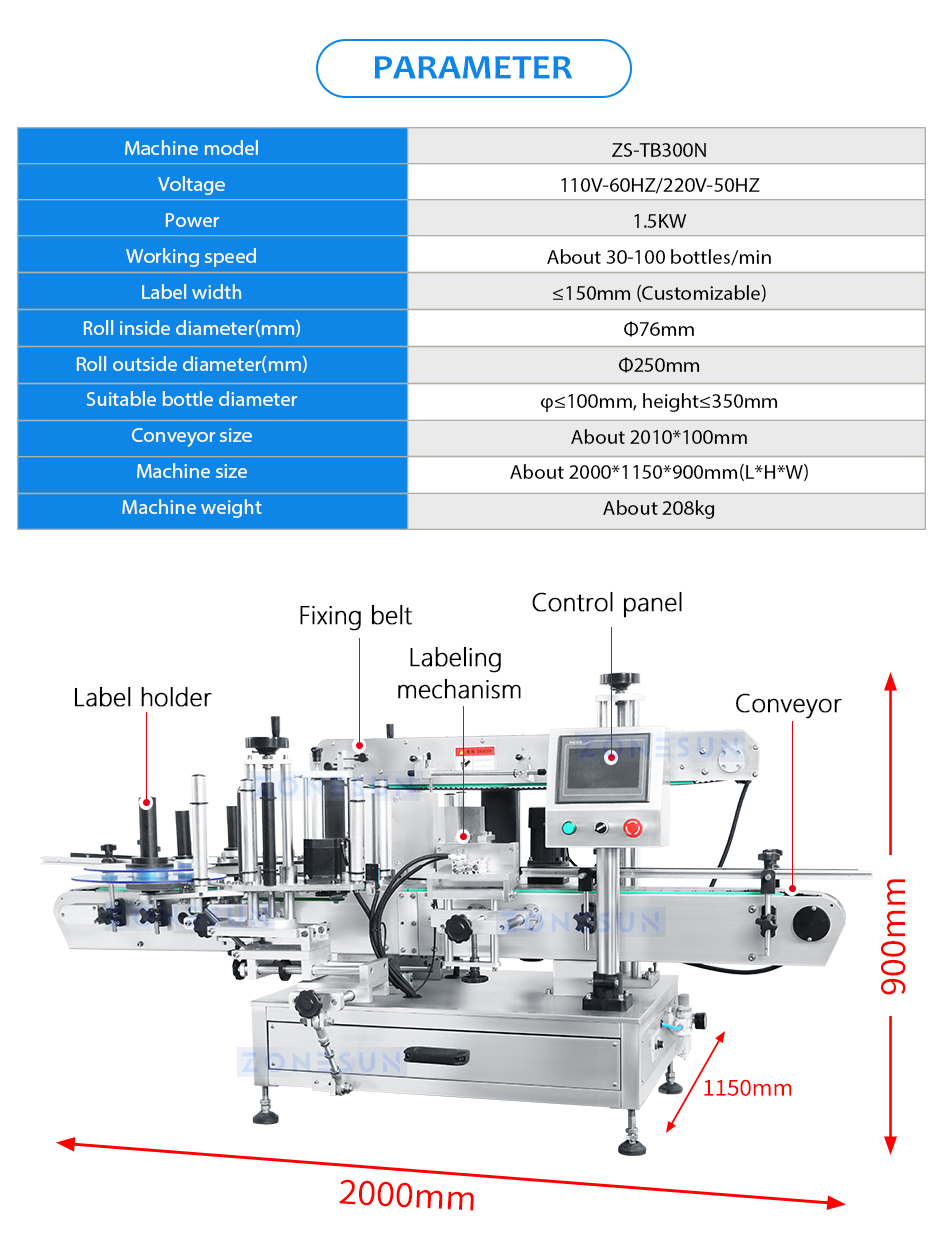 ZONESUN Automatische Tischetikettiermaschine, Rundum-Etikettierer, runde oder flache Flaschen, Reinigungsmittel, Getränke, Gläser ZS-TB300N