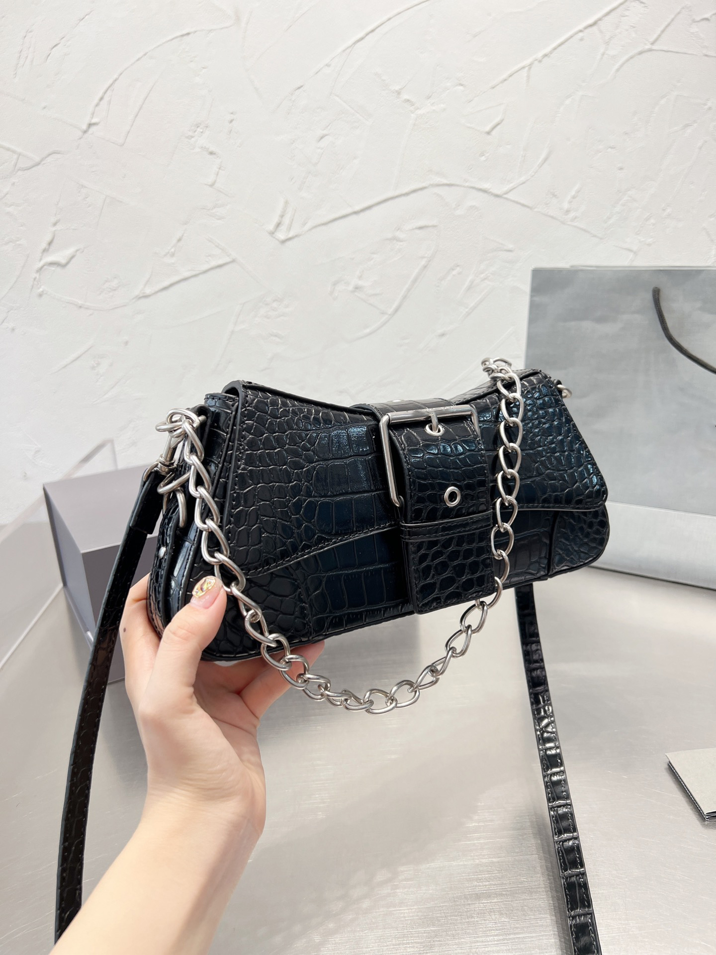 Cross-body bag alligator embossed black silver color single shoulder original women's bag 5A quality