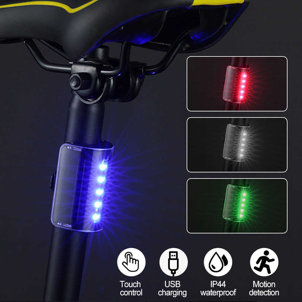 Luci Fanale posteriore ricaricabile tramite USB Ricarica intelligente Lampada posteriore bicicletta Start-stop automatico Avvertimento touch control Luce bici 0202