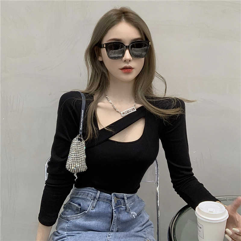 Women's T-Shirt Y2K Long Sleeve T-shirt Woman Autumn Sexy V-neck Tee Shirt Femme Hollow Out Solid Skinny Tshirt Clothes Tops 0201