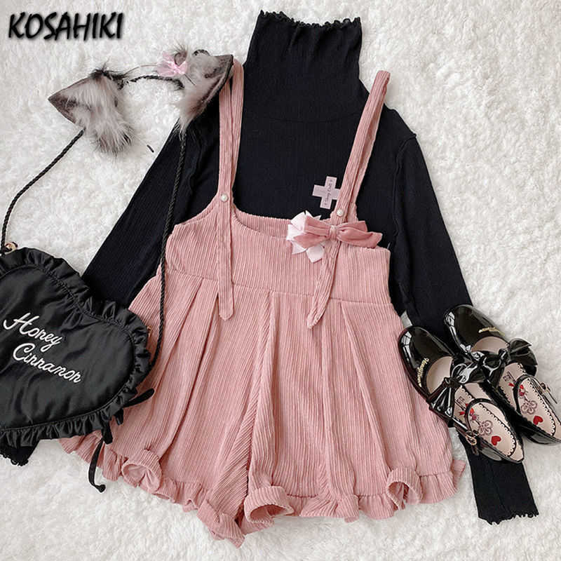 Frauen Shorts KOSAHIKI Japanische Kawaii Strap Frauen Cord Rüschen Feste Kurze 2023 Nette Lolita Overalls Aufgaben Para Mujer Y2302