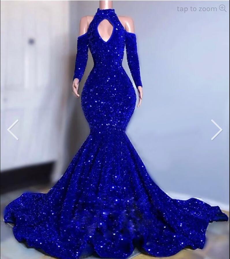 로얄 블루 인어 댄스 파티 이브닝 ​​드레스 반짝이는 긴 소매 드레스 레이스 측면 분할 파티 가운