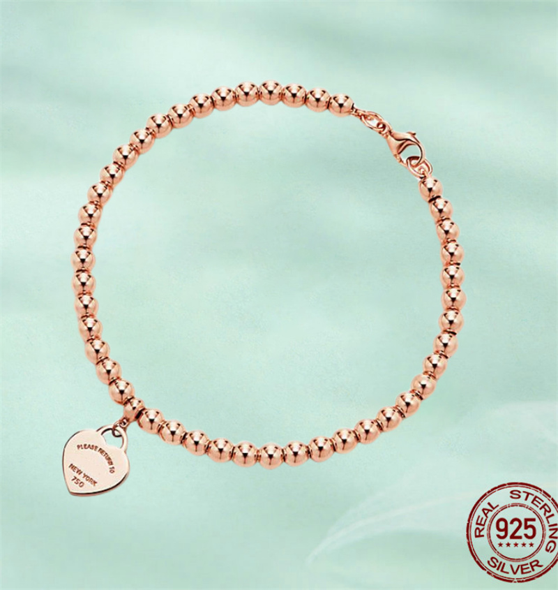 T Designer cuore tag ciondolo braccialetto a catena di perline Collana classica di lusso orecchini a bottone set di anelli in argento sterling 925 gioielli rose262q