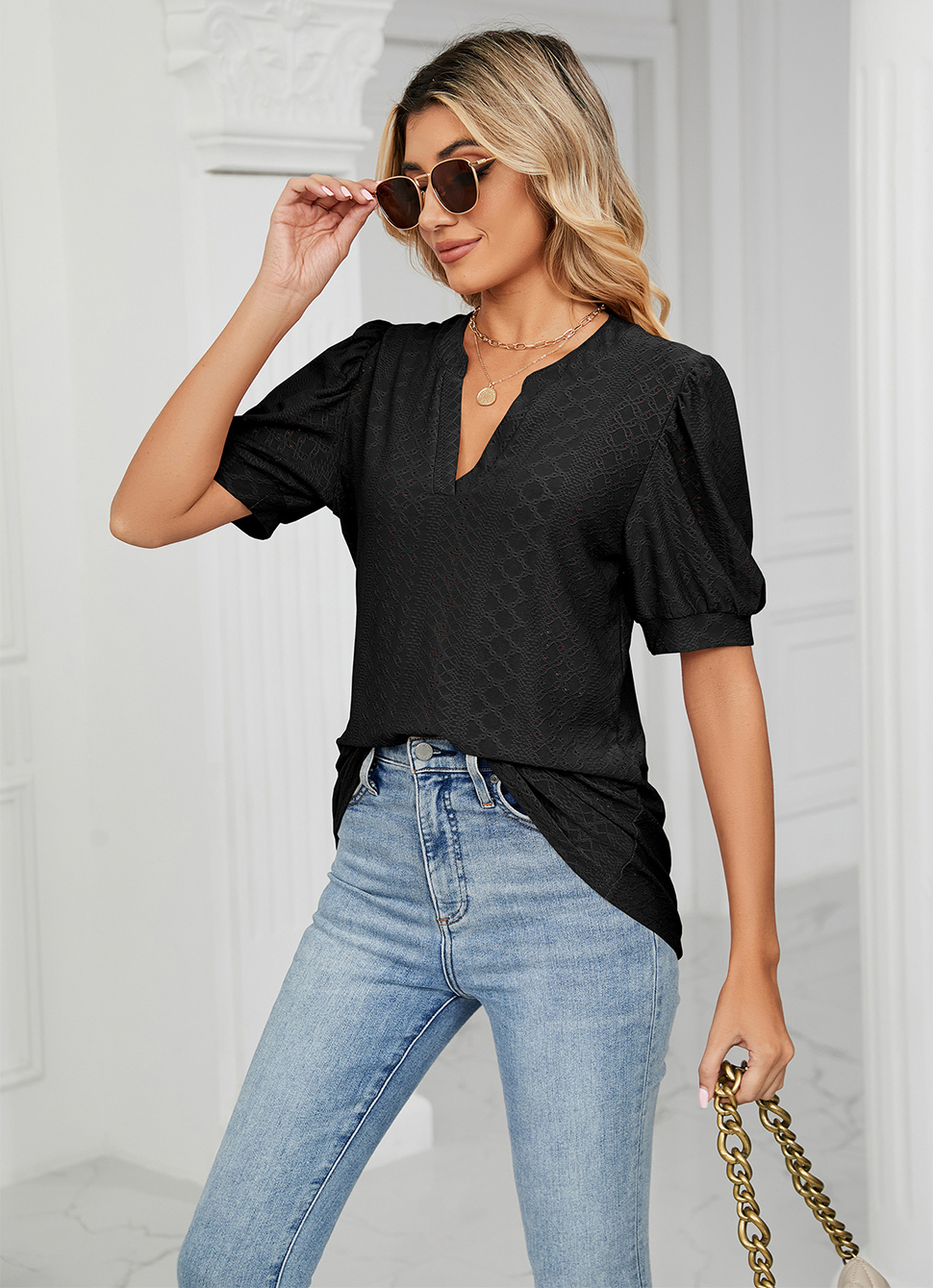 Summer Women Shirts Tops Loose Casual Puff Short Sleeve V Neck T-Shirt Hollow Out Blouses