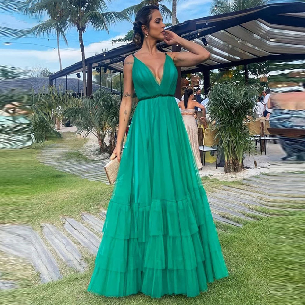 Simple Green Layered Tulle Prom Dresses Long Saudi Arabia Formal Evening Party Gowns Dubai Backless Open 2023