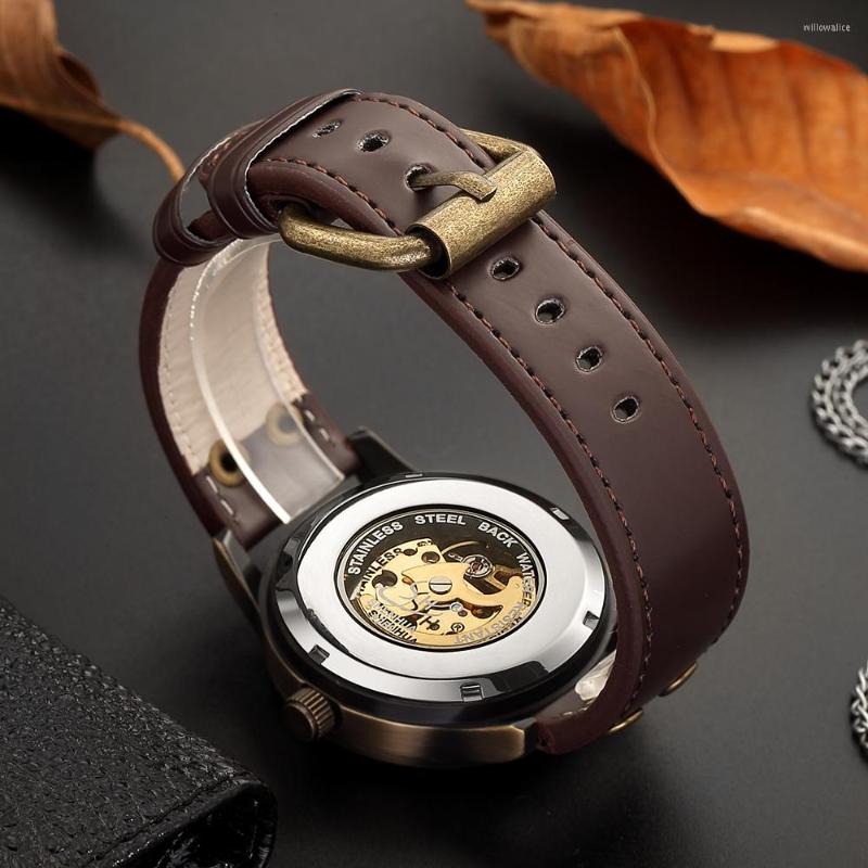 Horloges Shenhua Stijl Hol heren Retro Brons Steampunk Automatische Skeleton Lederen Sport Mechanische Polshorloge279R