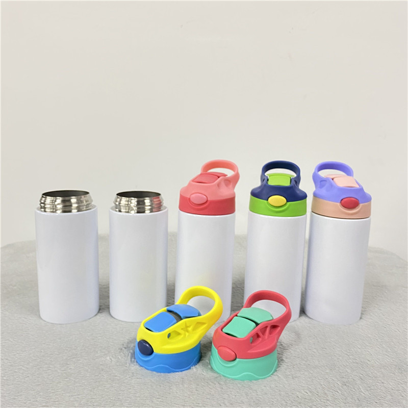 Sublimatie spaties Kinderen water flessen tuimelaar babyfles sippy cups 12 oz wit met stro en draagbare deksel 5 kleuren deksels