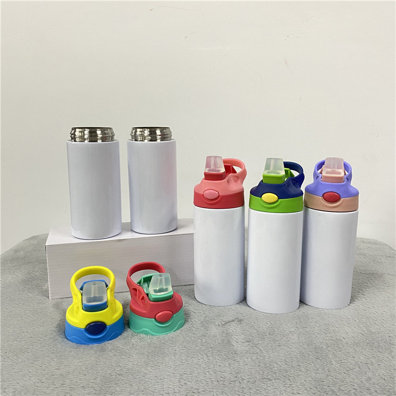 Sublimation Blanks Enfants Bouteilles D'eau Gobelet Biberon Gobelets Sippy 12 OZ Blanc avec Paille et Couvercle Portable 5 Couleurs Couvercles