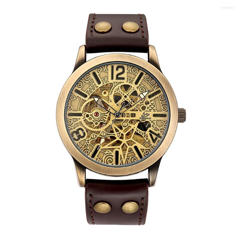Wristwatches Shenhua Style Hollow Out Men's Retro Bronze Steampunk Automatic Skeleton Leather Sport Mechanical Wrist Watch279R