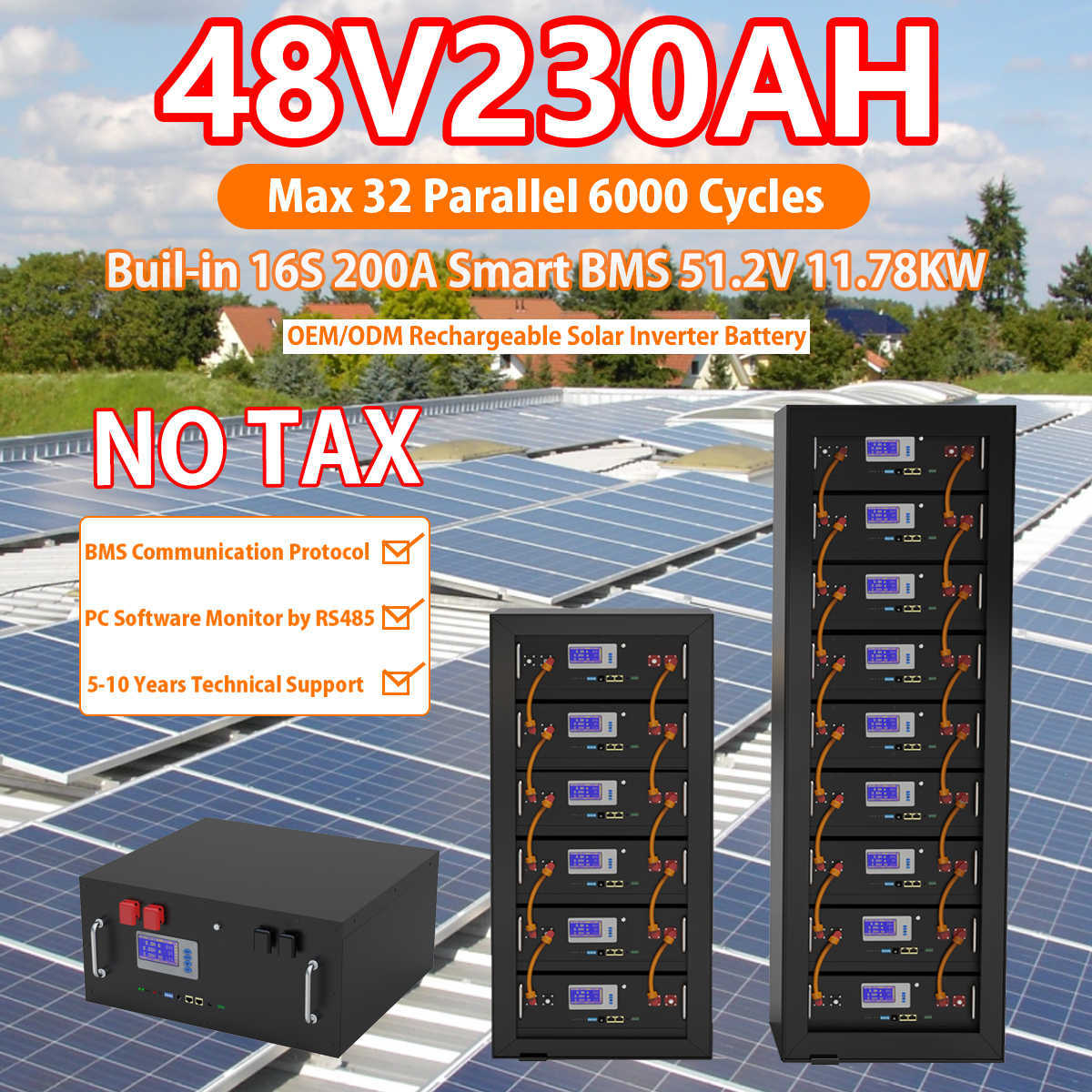 48V 230Ah 200Ah LiFePO4 Battery Pack 51.2V 12Kw 10Kw 6000 Cycles 32 Parallel PC Monitor Inverter Battery Built-in CAN RS485 BMS