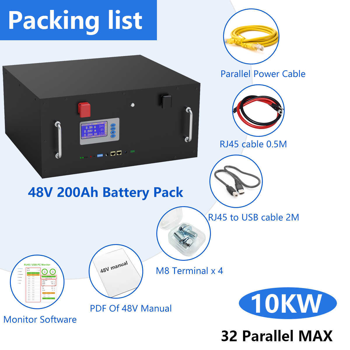 48V 200Ah LiFePO4 Battery 10KW Rack Pack CAN/RS485 Communication 32 Parellel 102% Capacity 6000 Cycle PC Monitor DE PL No TA