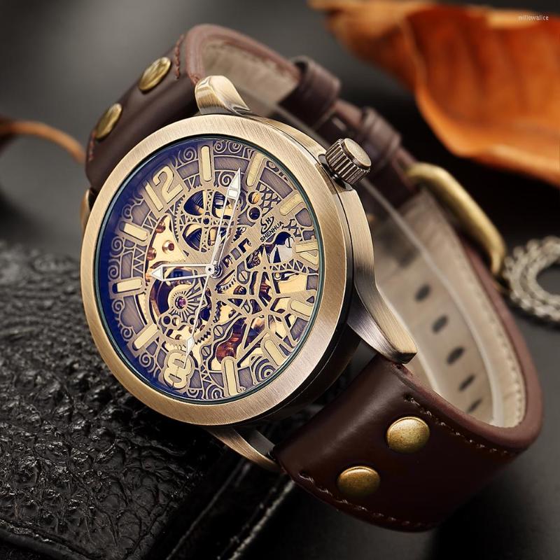 Horloges Shenhua Stijl Hol heren Retro Brons Steampunk Automatische Skeleton Lederen Sport Mechanische Polshorloge279R