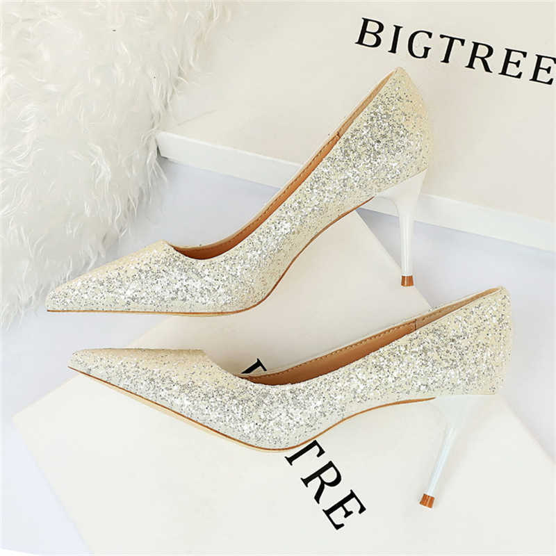 Dress Shoes 2022 Women 9.5cm 7cm High Heels Luxury Pumps Sequins Glitter Designer Plus Size 43 Wedding Bridal Gold Valentine Scarpins Shoes G230130