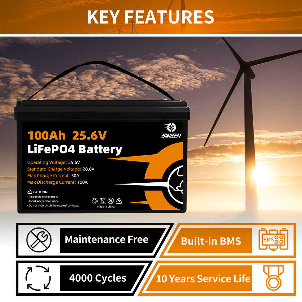 24V Lifepo4 Battery Pack 100AH Rechargeable Lithium Battery with BMS for Motor EV RV Outdoor Power Solar Energy Storage System