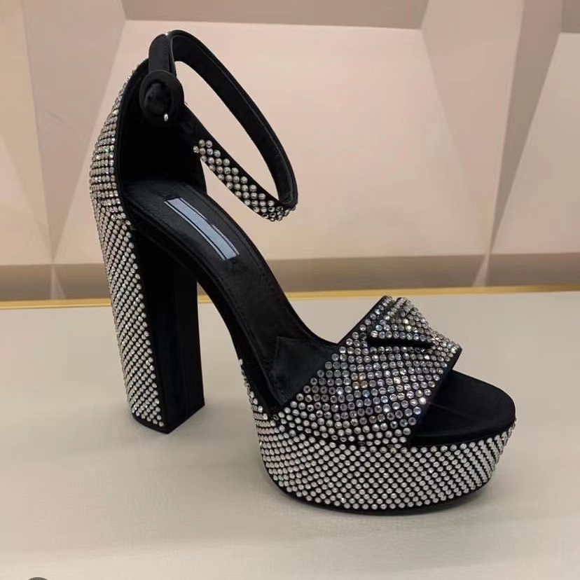 Rhinestone Sandals Luxury Designers Womens Platform Heels Dress Shoes Classic Triangle Buckle Psmolled Ankel Strap 13cm High Heeled Women Sandal 34-42 med Box