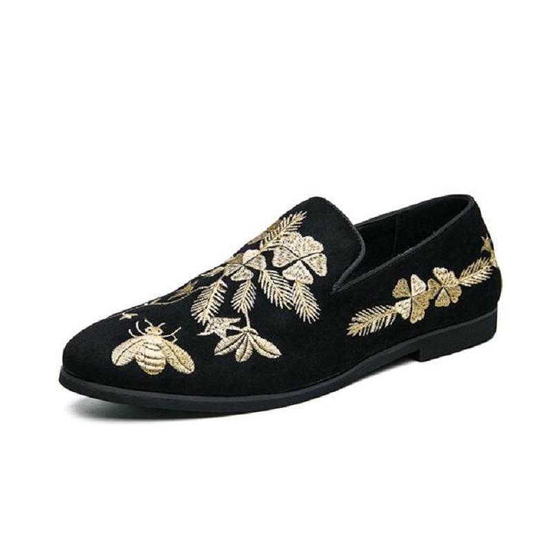 Men Loafers Shoes Fashion Black Imitation Suede Gold Embroidery Flower Business Casual Shoes Sapatos Para Hombre D2A4