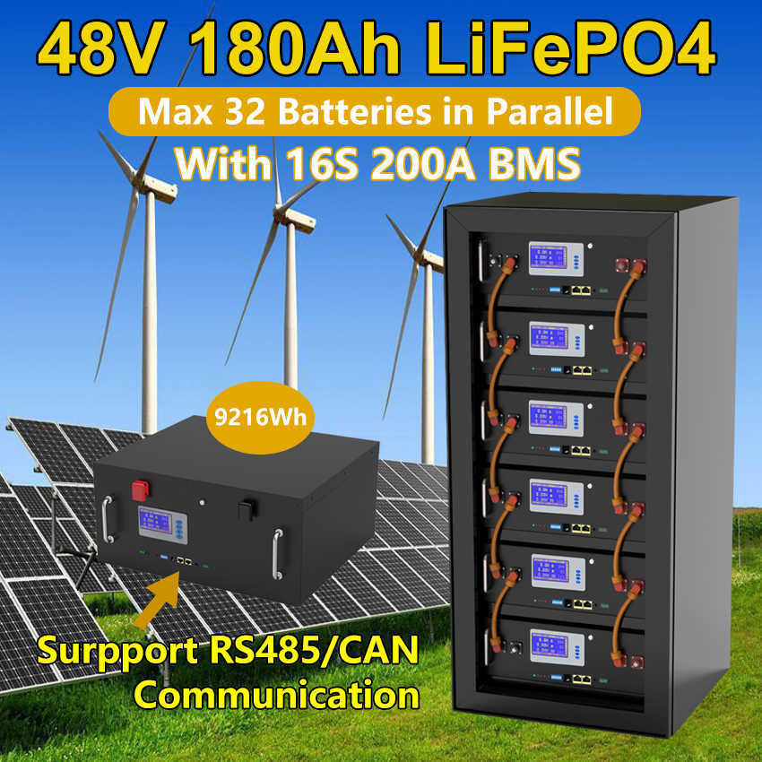 LiFePO4 48V 200Ah 180Ah 150Ah Battery Pack 51.2V 9KWh 16S 200A BMS with RS485 CAN Communication 101% Capacity 10 Years Lifespan