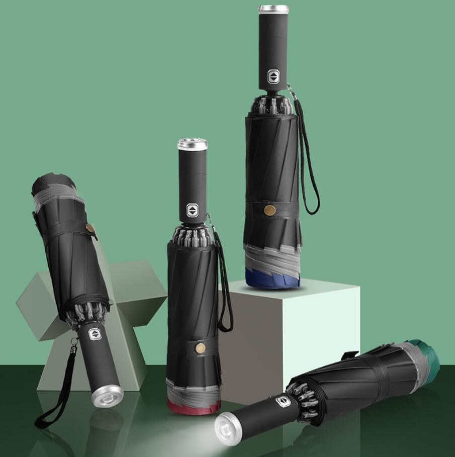 Volledig automatische omgekeerde vouwparaplu met LED -licht 10 ribben winddichte sterke reflecterende streep UV -paraplu voor vrouwen en mannen