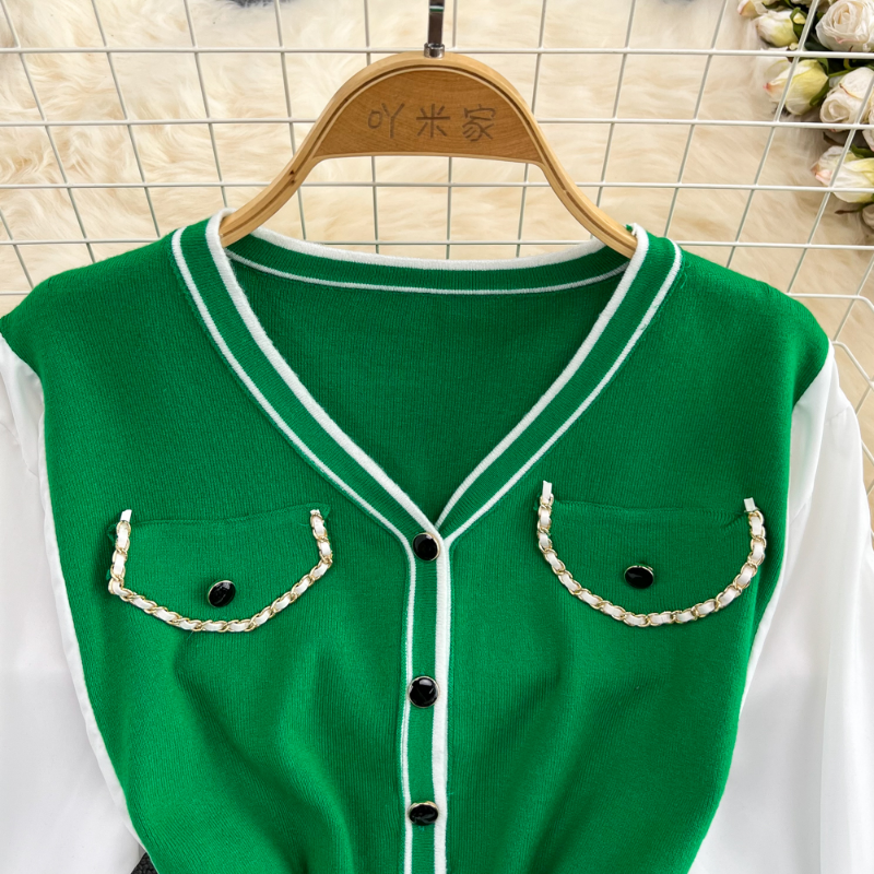 V Neck dzianina damskie bluzki kontrastowe kolorowe bluzki z długim rękawem Blusas Mujer de Moda 2023 Autumn Vintage Single-Endreasted Shirts