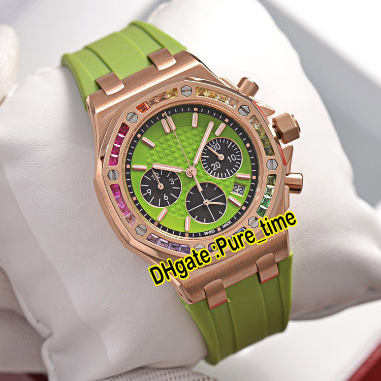 37 mm Quarz-Chronograph Damenuhr 26236 Roségoldgehäuse Weißes Zifferblatt Lila Unterzifferblatt Regenbogen-Diamant-Lünette Weißes Kautschukarmband Watch297Q