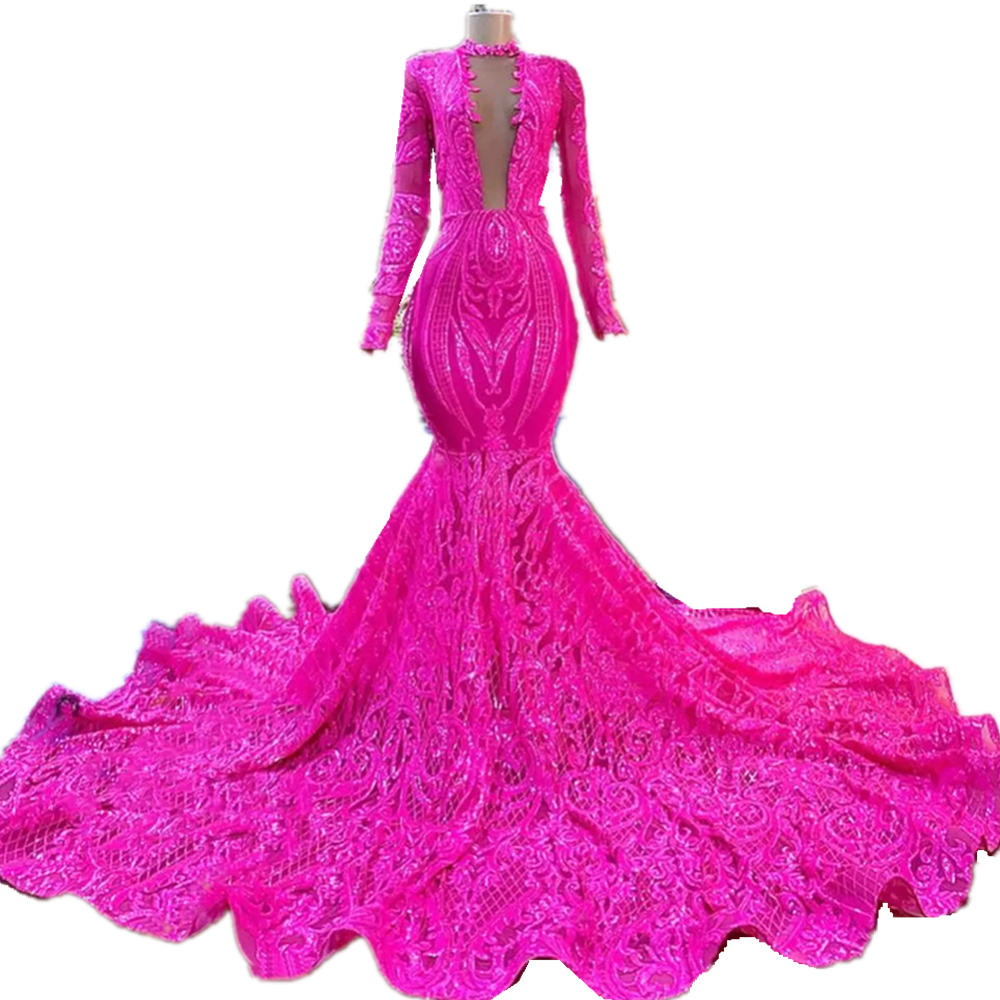 Afrikanische Fuchsia-Pailletten-Meerjungfrau-Abendkleider, glitzernd, lange Ärmel, tiefer Ausschnitt, sexy Abschlussballkleid, Muster, Trompete, formelle Empfangskleider für schwarze Mädchen