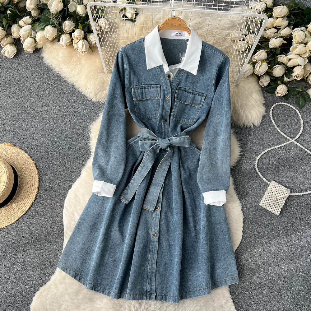 Vestidos casuais básicos feminino doce retalhos manga longa falso dois moda a linha denim camisa vestido vestidos coreano primavera outono 2024