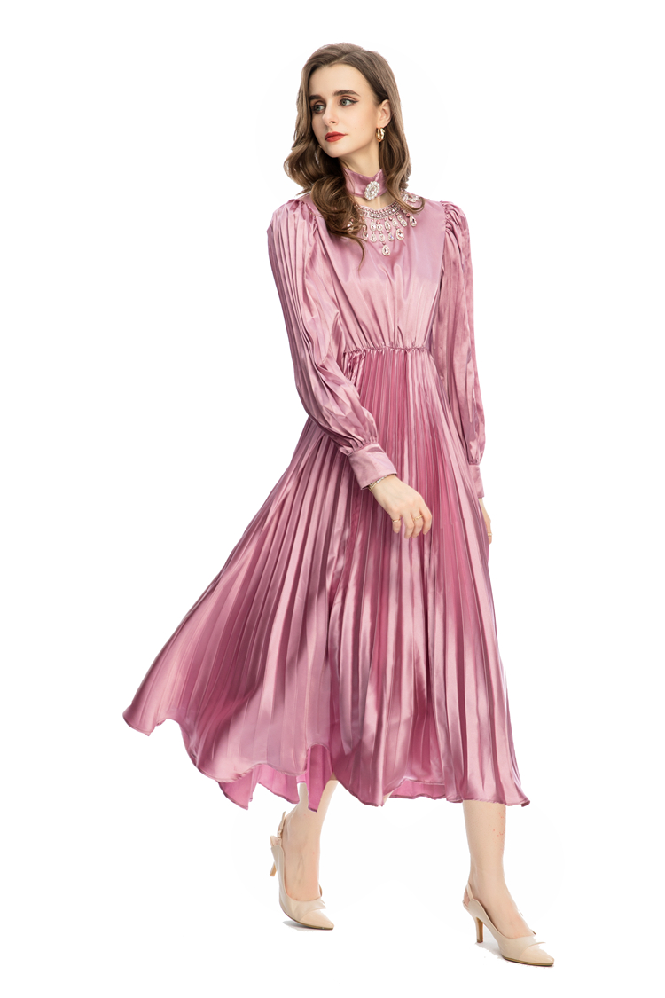 Women's Runway Dresses O Neck Long Sleeves Beaded Pleated Elegant Fashion Designer Vestidos