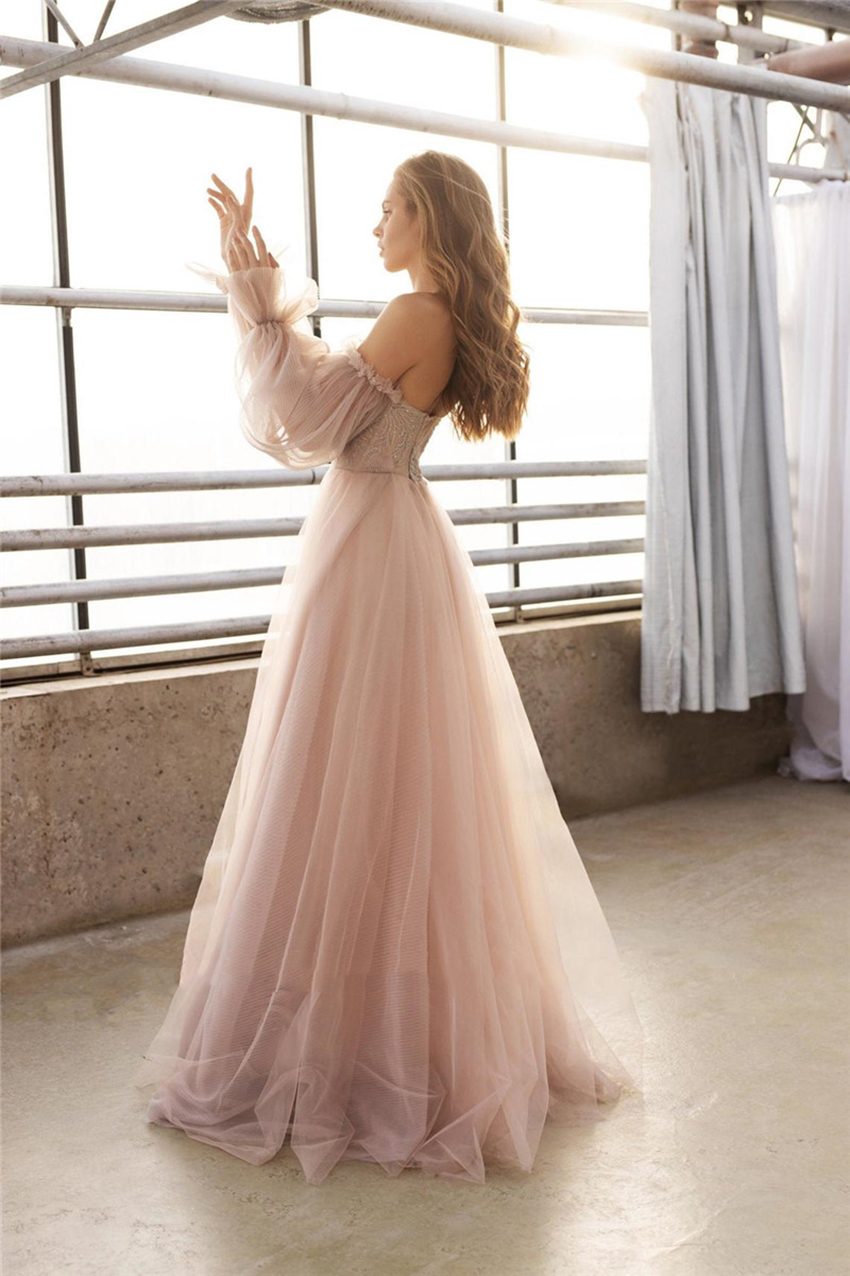 Stoffig roze lange prom -jurken van de schouder lieverd tule romantische elegante prinses prom feestjurk gewoonte