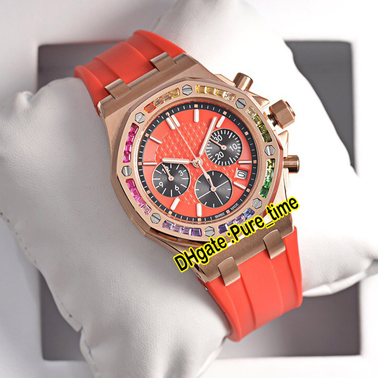 37mm Quartz Chronograph Womens Watch 26236 Rose Gold Case White Dial Roxo Subdial Rainbow Diamond Bezel White Rubber Strap Watch207r