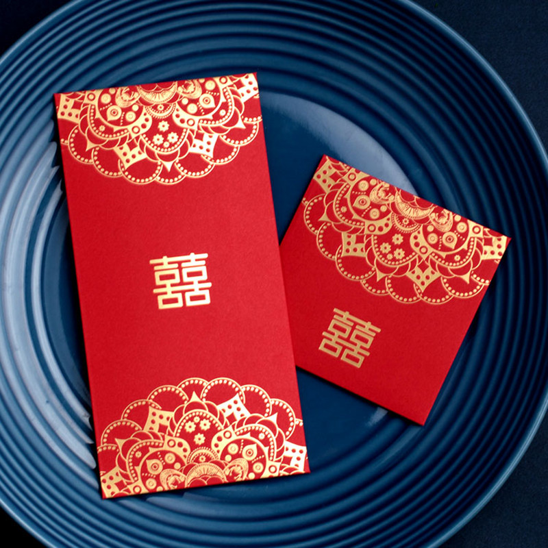 9x17.8cm Festival Party Gold Stamp Chinese Double Happiness Red Envelope Wedding Present Pengar Rektangel