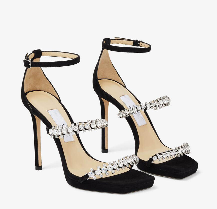 Style élégant BING bracelet en cristal sandales en daim noir chaussures pour femmes Slingbacks cristal bijoux boucle haut talon aiguille robe fête mariage EU35-43