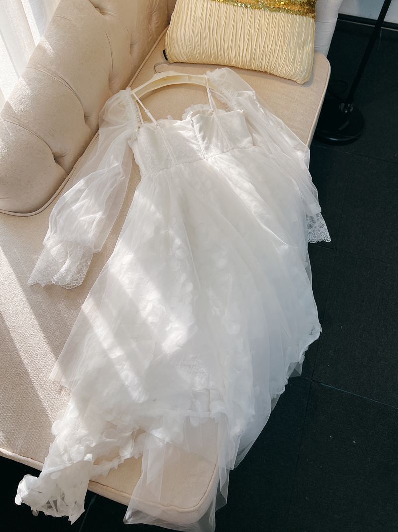 2023 Spring White Floral 3D Flowers Tulle Dress spetspanelpanelen avtagbar långärmad fyrkantig halspanelpanel MIDI Casual Dresses J3F067661