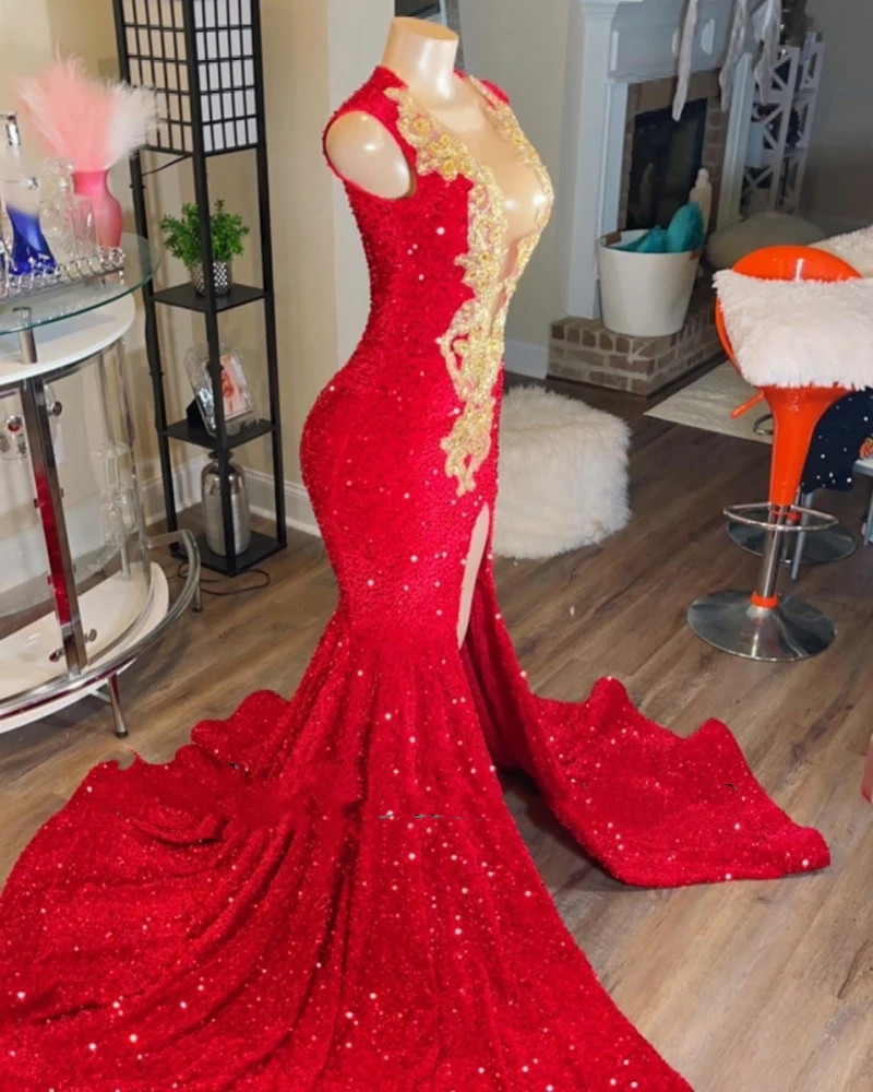 Red Mermaid Prom Dresses 2023 Beading Applique Split Party Gowns Sequin Long Evening Dresses Vestido De Graduacion