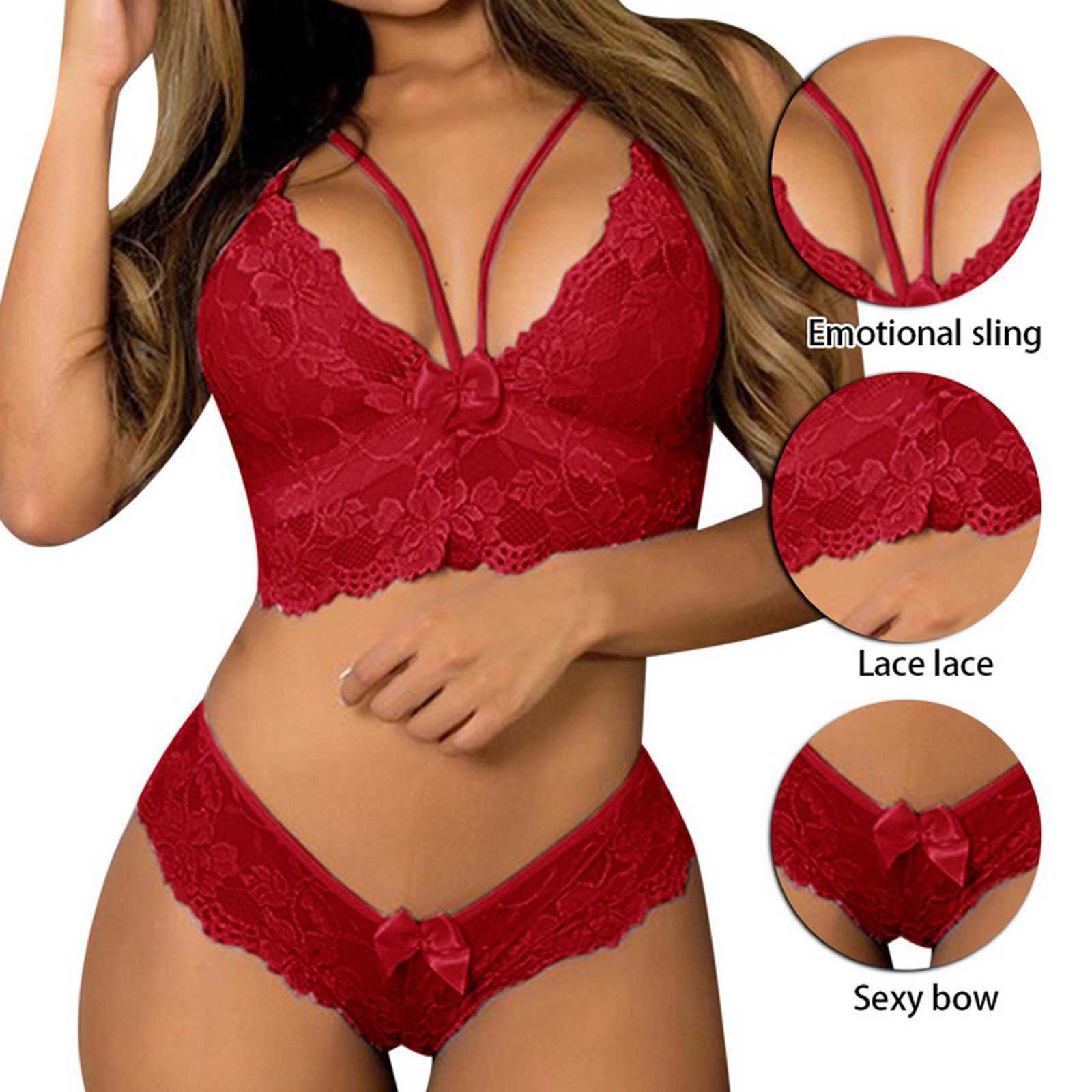 Sexy Set Ladies Strap Lace Crochet Cutout Teddy Lingerie Embroidery Gauze Underwear Push Up Bra Lenceria Sensual Mujer Y2302