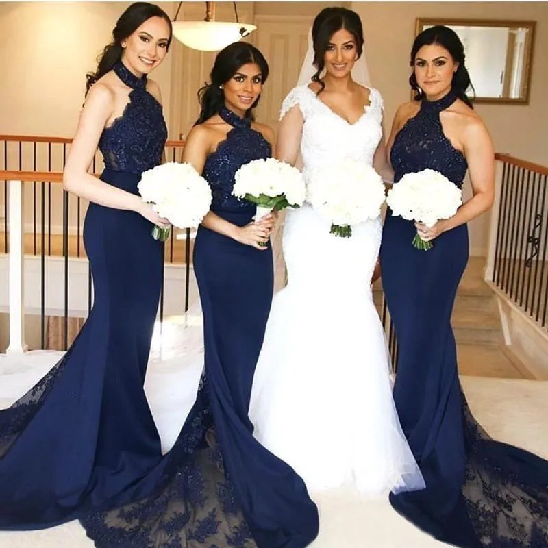 Bridesmaids Formal Dresses Mermaid Blue Long Bridesmaids Dress Lace Summer Beach Wedding Guest Plus Size Maid of Honor Dresses Prom Gowns