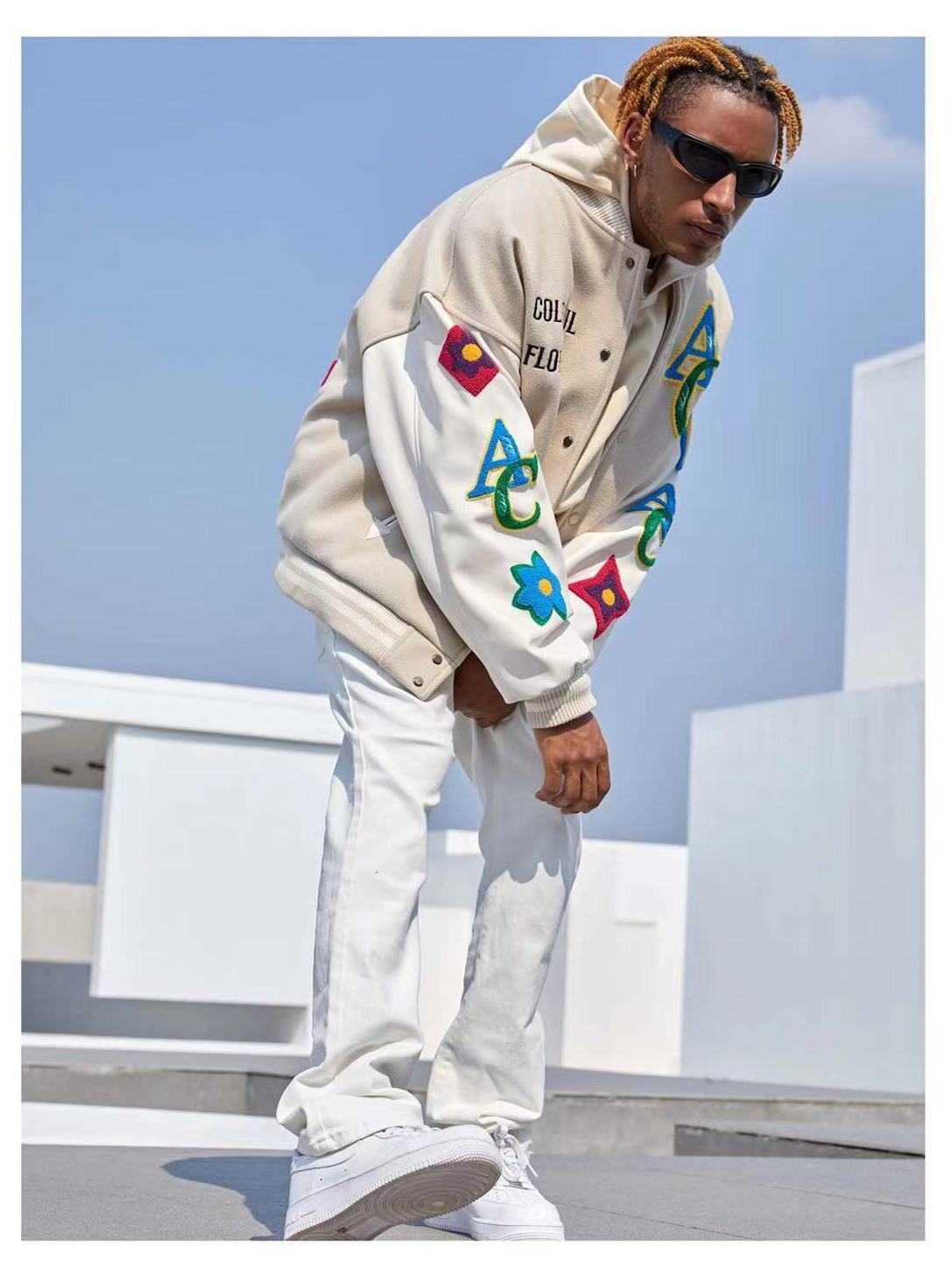 Jackets masculinos American Flower Bordeded Flocking Streetwear Trend Casat 2022 Novo Bomber de Moto de Inverno masculino Y2302