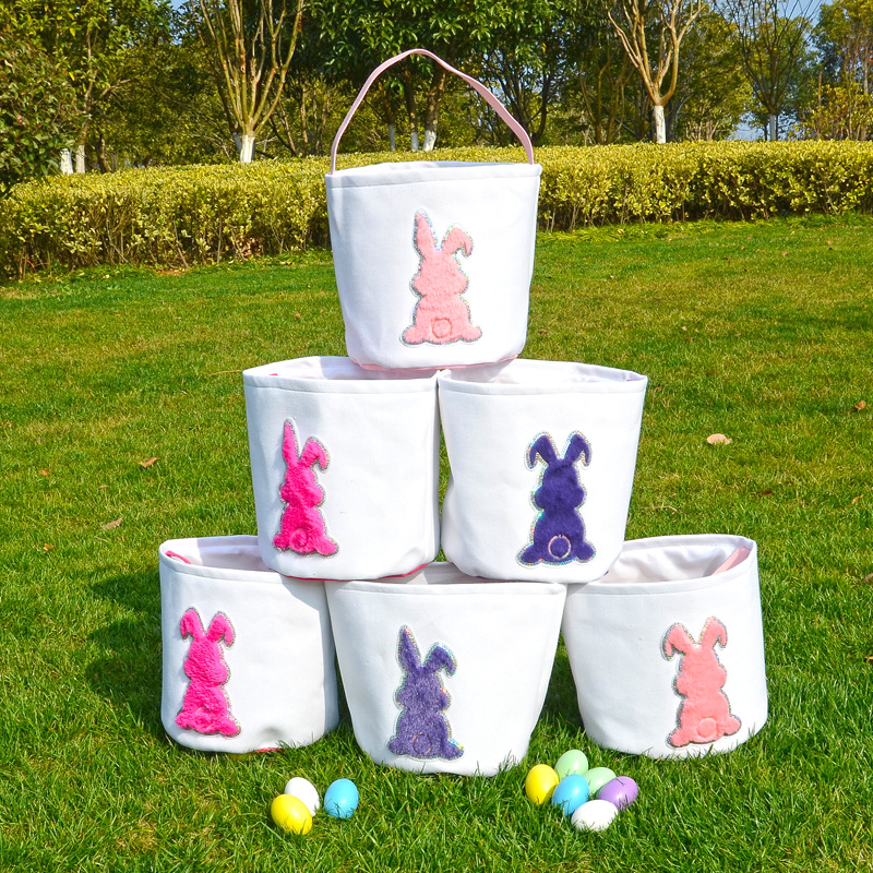イースターウサギのバスケットハンドバッグイースターバニーバッグウサギプリントキャンバストートバッグ卵キャンディーバスケット 4 色