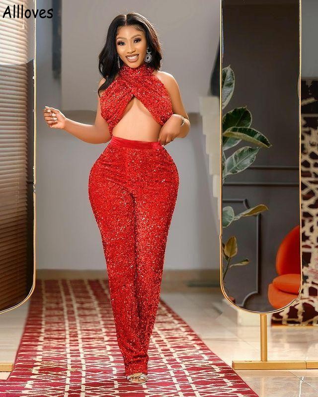 Glitter Red Lentejuelas Dos piezas Vestidos de baile Trajes de pantalón Halter Sexy Árabe Aso Ebi Ocasión especial Vestidos de noche Mujeres Monos de talla grande Ropa de fiesta formal CL1795