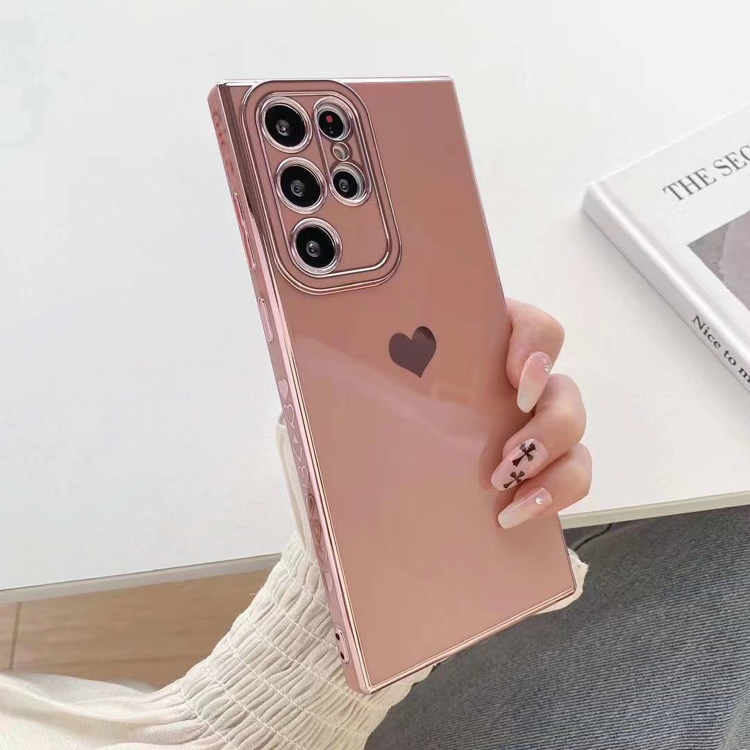 S24 Bling Love Heart Хромированные мягкие чехлы из ТПУ для Samsung A15 A35 A55 A54 A34 S23 Ultra S22 Plus A14 5G A23 4G A13 A13 Роскошная металлическая гальваническая крышка с мелкими отверстиями