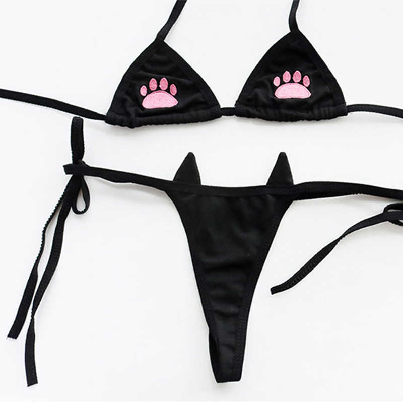 Sexy Set Bikini Cute Cat Paw Print Underwear Micro Exotic Lingerie Suit Lolita Maid Cosplay Kawaii Bra and Panty Swimwear Y2302