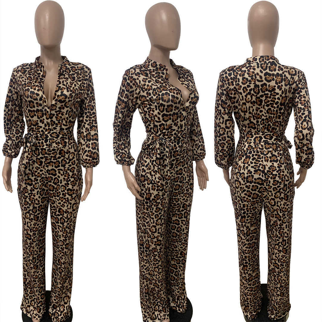 Womens Cardigan Leopard Printed Jumpsuits 2023 Sexy Bandage Body-kleding Designer Damesbroeken met lange mouwen Rompertjes