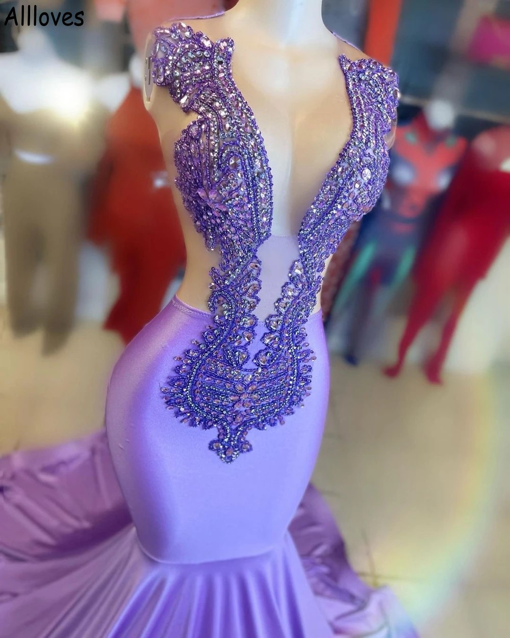 بلورات Sparkle Lavender Mermaid Dresses Prom Lunging V الرقبة العربية العربية Aso Ebi الرسمية للحفلات تنورة زائد الحجم نساء ثوب الاستقبال CL1802