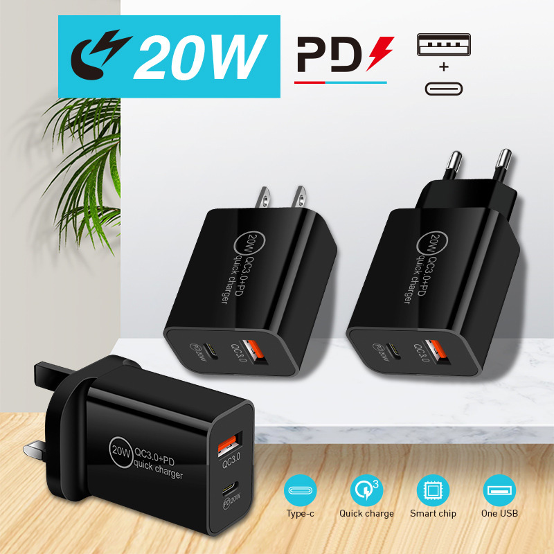 20W New Quick Type C Fast Charger QC3.0 PD USB AC Dual Ports US UK EU Plug Travel Wall Chargers for Mobile Phones