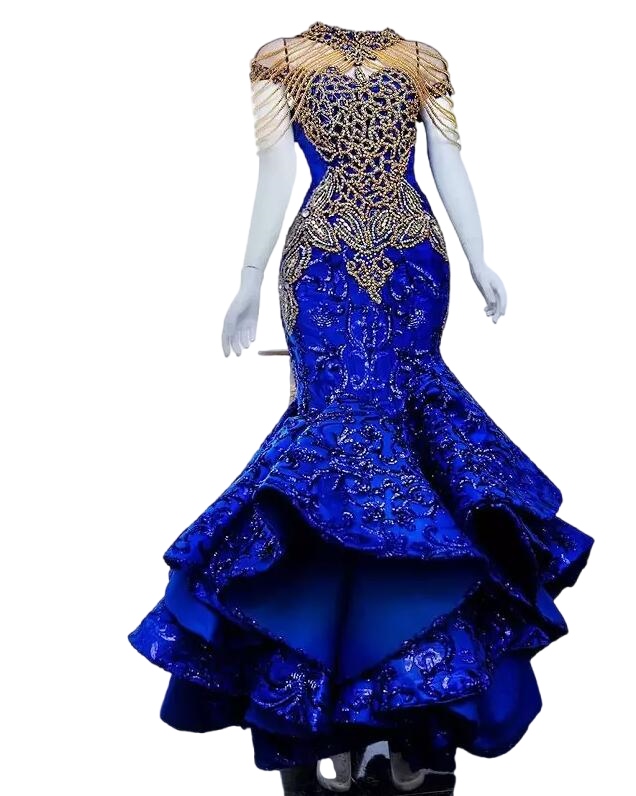 Arabic Aso Ebi Royal Blue Evening Dresses Beaded Crystals Lace Prom Formal Party Second Reception Gowns Dress Plus Size