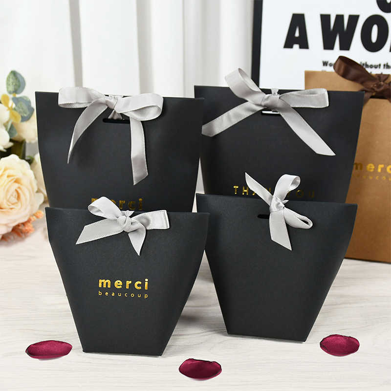 Wrap Merci Bronzing Printing Black High Quality With Ribbon Wedding Party White Candy Wrapper Gift Box Birthday Supplies 0207