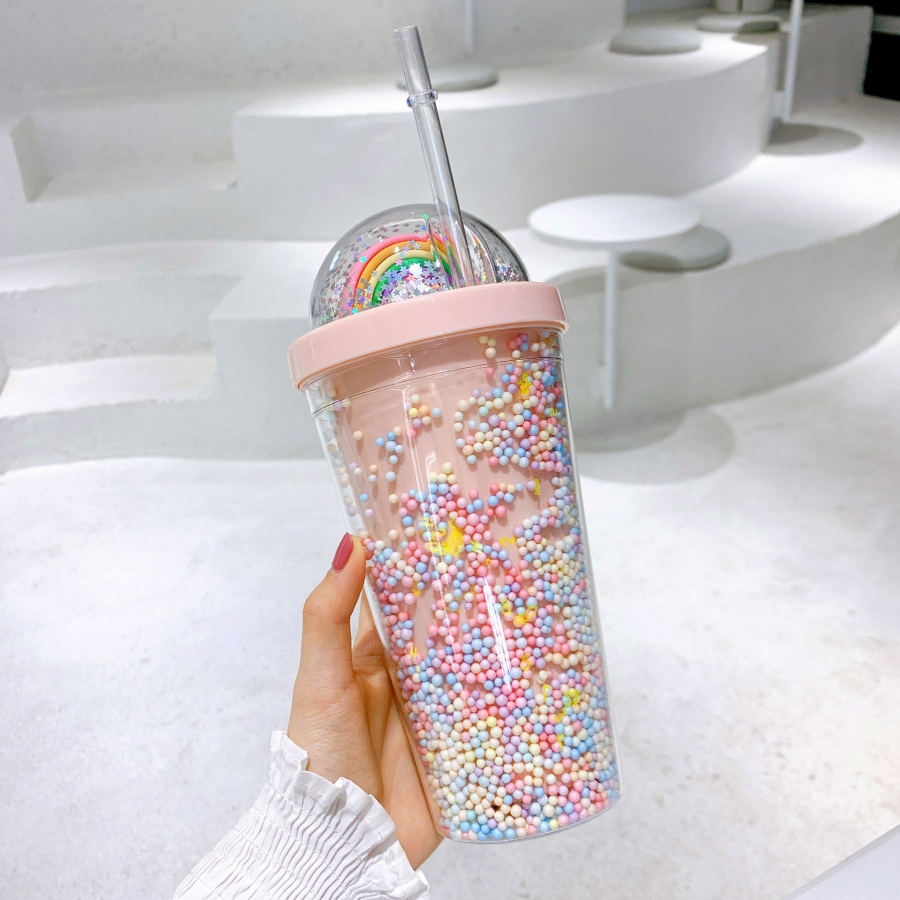 18.6oz Double-layer Plastic Straw Coffee Mug Tumblers Rainbow Sequin Star Glitter Powder Style Plastic Water Cup