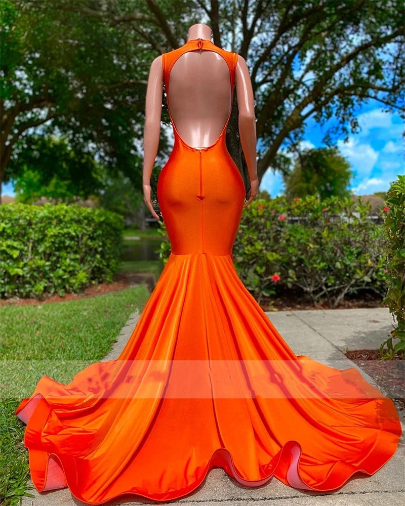 Sexy Crystals Mermaid Prom Dress 2023 Luxury For Black Girls Orange Satin Sheer Neck Sparkly Party Gowns Robe De Bal