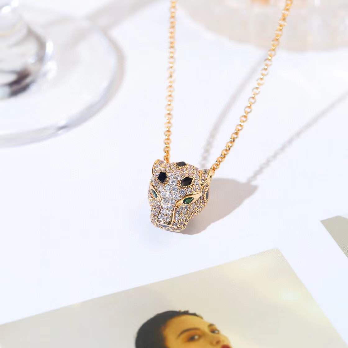 Punk Gold Plated Zircon Leopard Head Necklace Animal Green Eyes Panther Pendant Women Men Panthere Jewelry Link Chain Choker