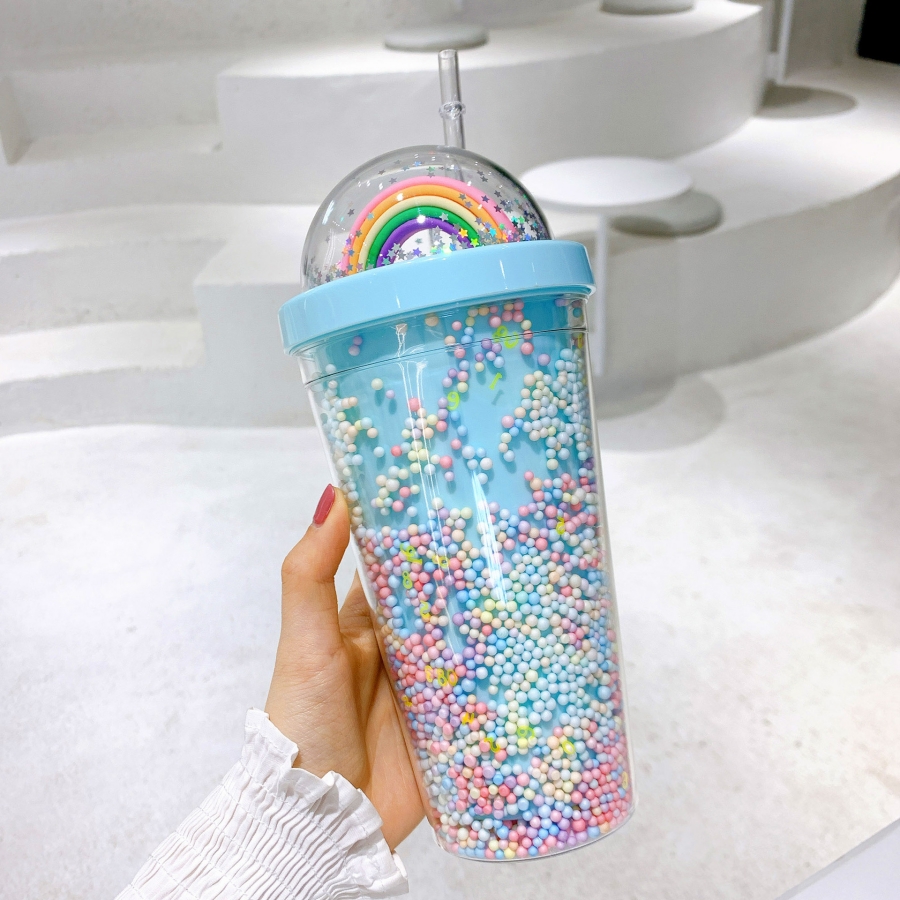 550 ml waterflessen schattige regenboogtumblers cup mokken dubbele plastic met rietjes huisdiermateriaal voor kinderen volwassen meisjescadeauproducten