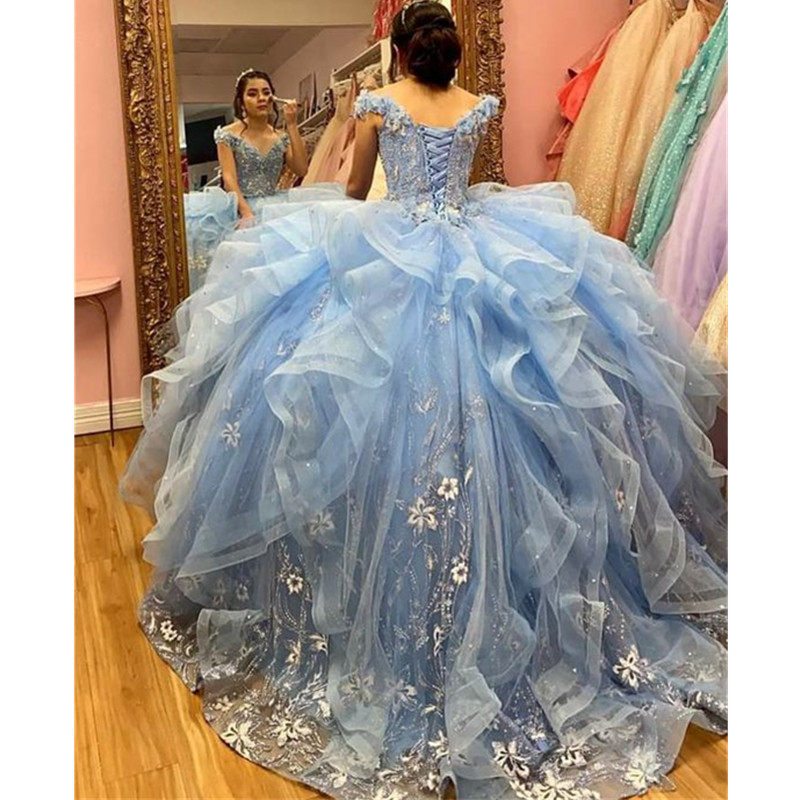 Açık gök mavisi prenses quinceanera elbise 2023 kapalı omuz aplike pullar çiçekler parti tatlı 16 elbisesi vestidos de 15